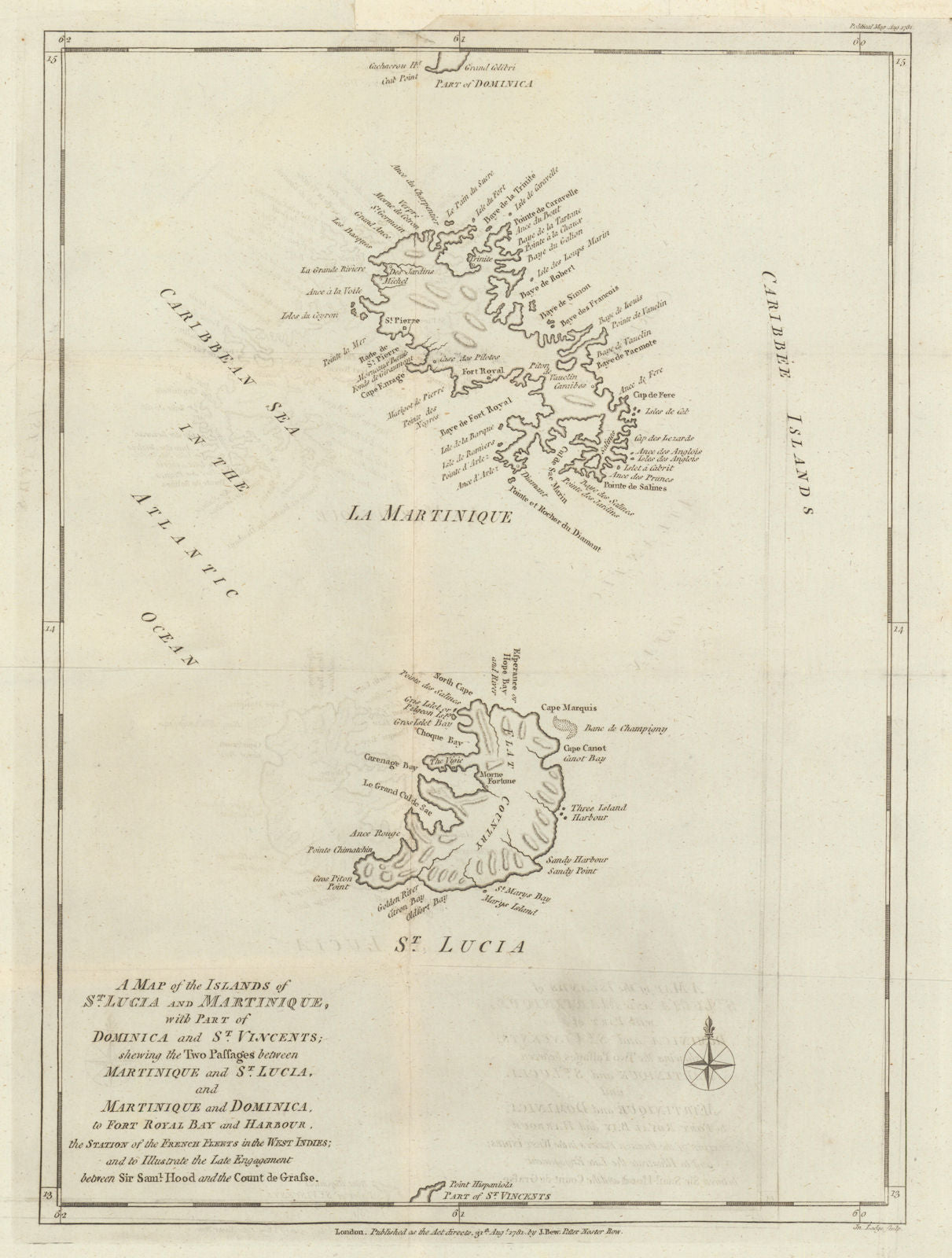 Map of the islands of St Lucia & Martinique… by John Lodge 1781 old